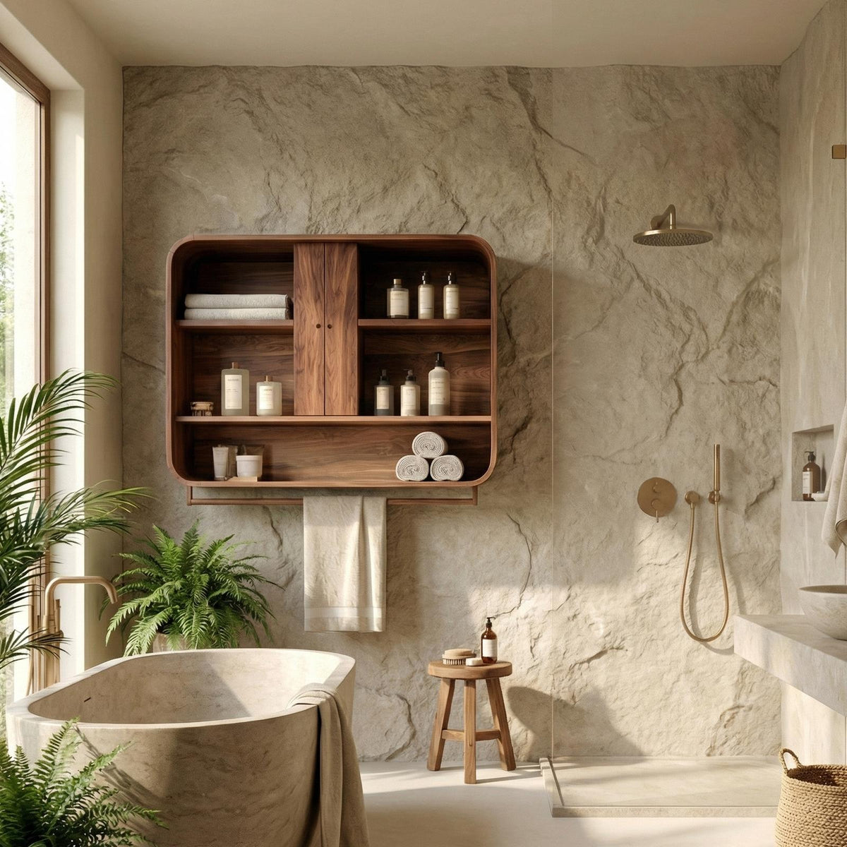 Minimalist Bathroom Cabinet, Solid Natural Wood Wall-Mounted Storage Organizer Cupboard