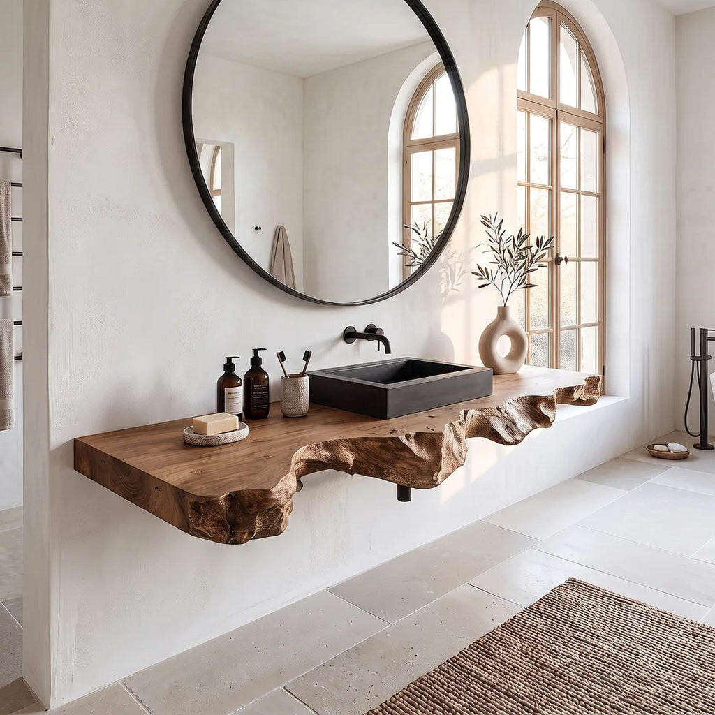 Spry Interior Live Edge Solid Wood Bathroom Vanity, Rustic Handcrafted Floating Sink Console Table with Storage Shelf, SILDTTRBAS024