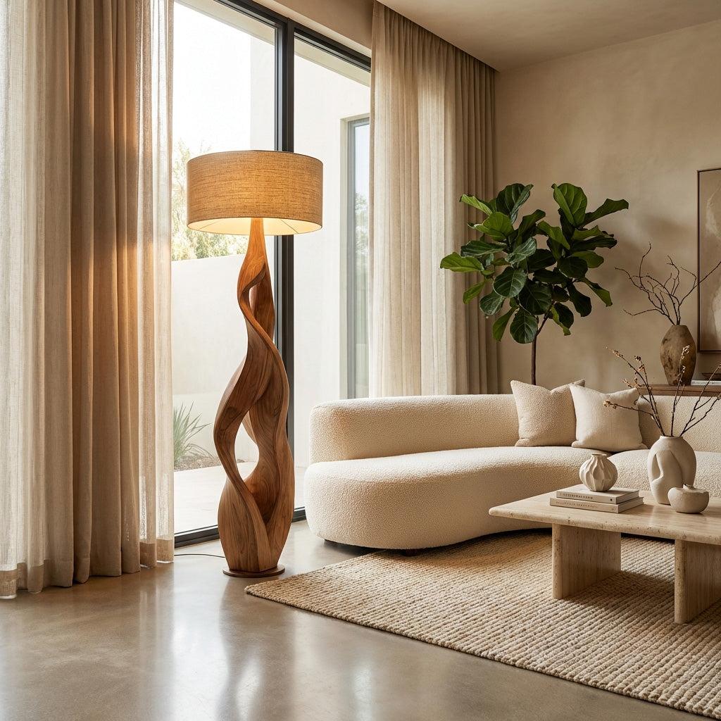 Sculptural Wooden Floor Lamp with Fabric Shade, Modern Solid Wood Standing Night Light for Bedroom Cozy Corner, Model