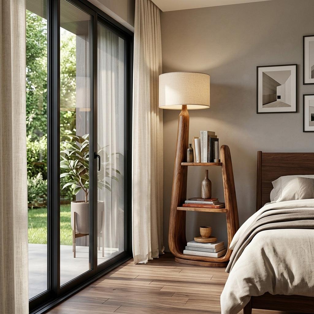Mid-Century Wooden Floor Lamp with Integrated Storage Shelves, Modern Standing Light for Living Room, Model