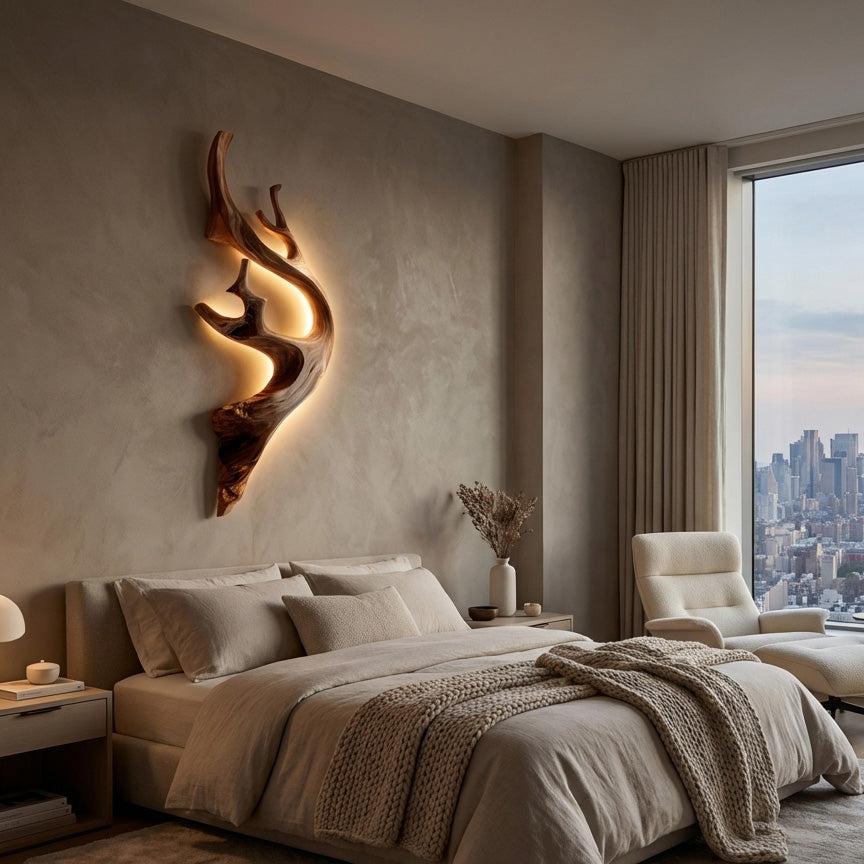Sculptural Tree Branch Wooden Wall Lamp, Modern Nature-Inspired LED Wall Sconce Light for Bedroom, Model