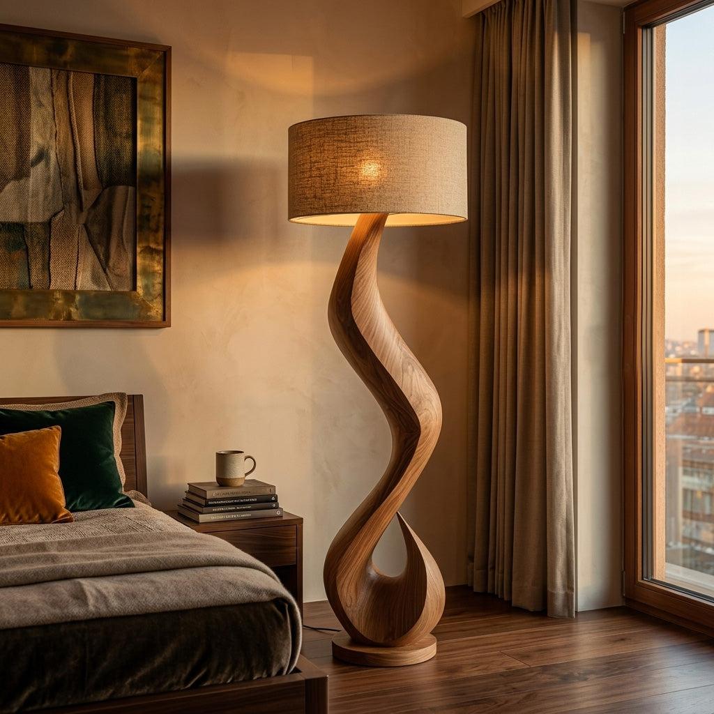 Modern Wooden Floor Lamp with Flowing Organic Form, Tall Standing Accent Light for Living Room Corner, Model