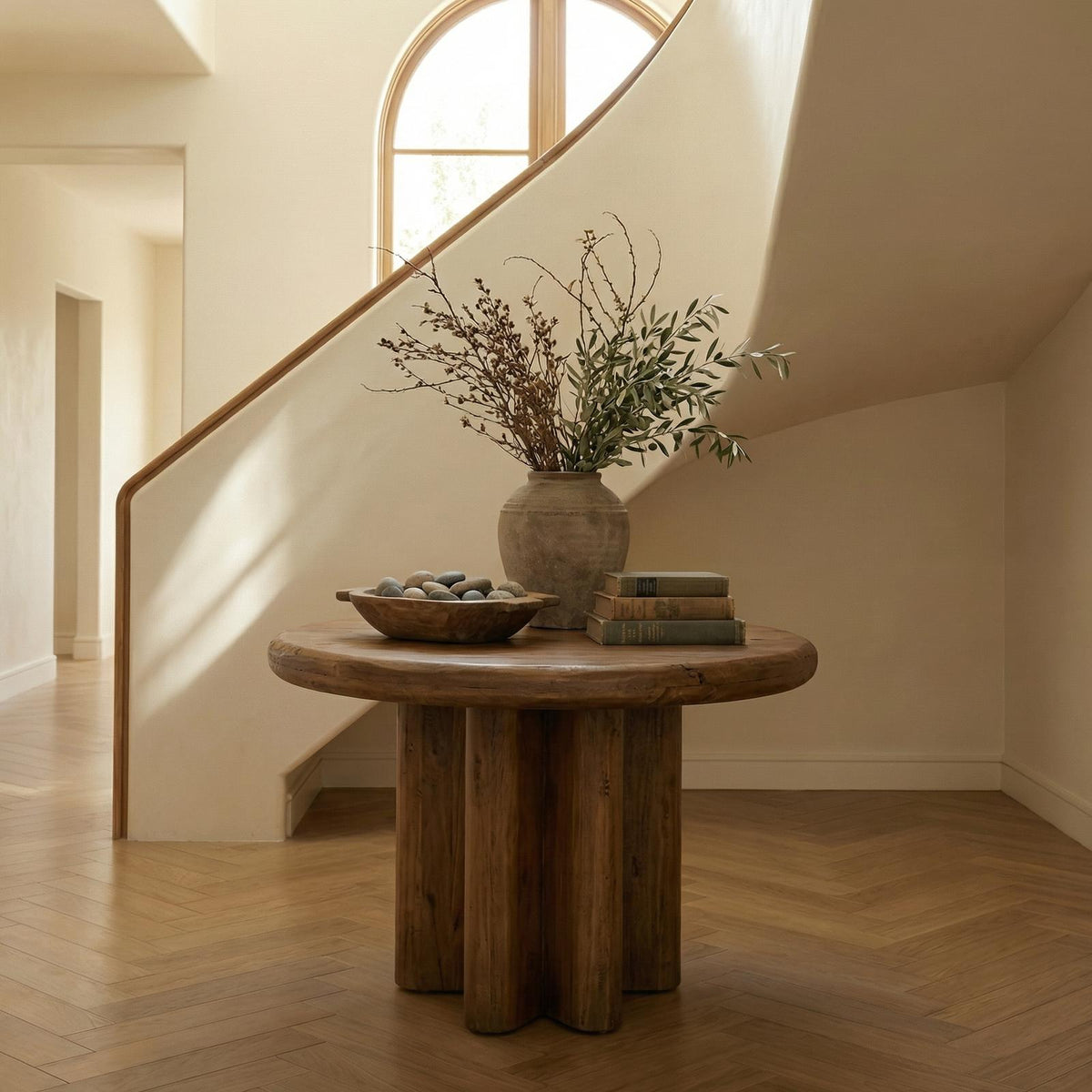 Modern Minimalist Round Entryway Foyer Table, Solid Wood Hallway Center Table for Home Decor