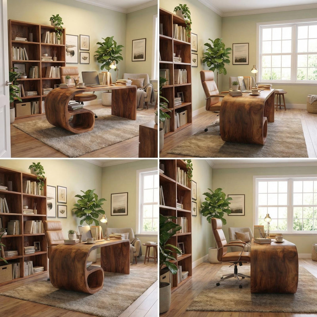 Modern Sculptural Desk, Solid Wood Artistic Computer Writing Desk for Home Office