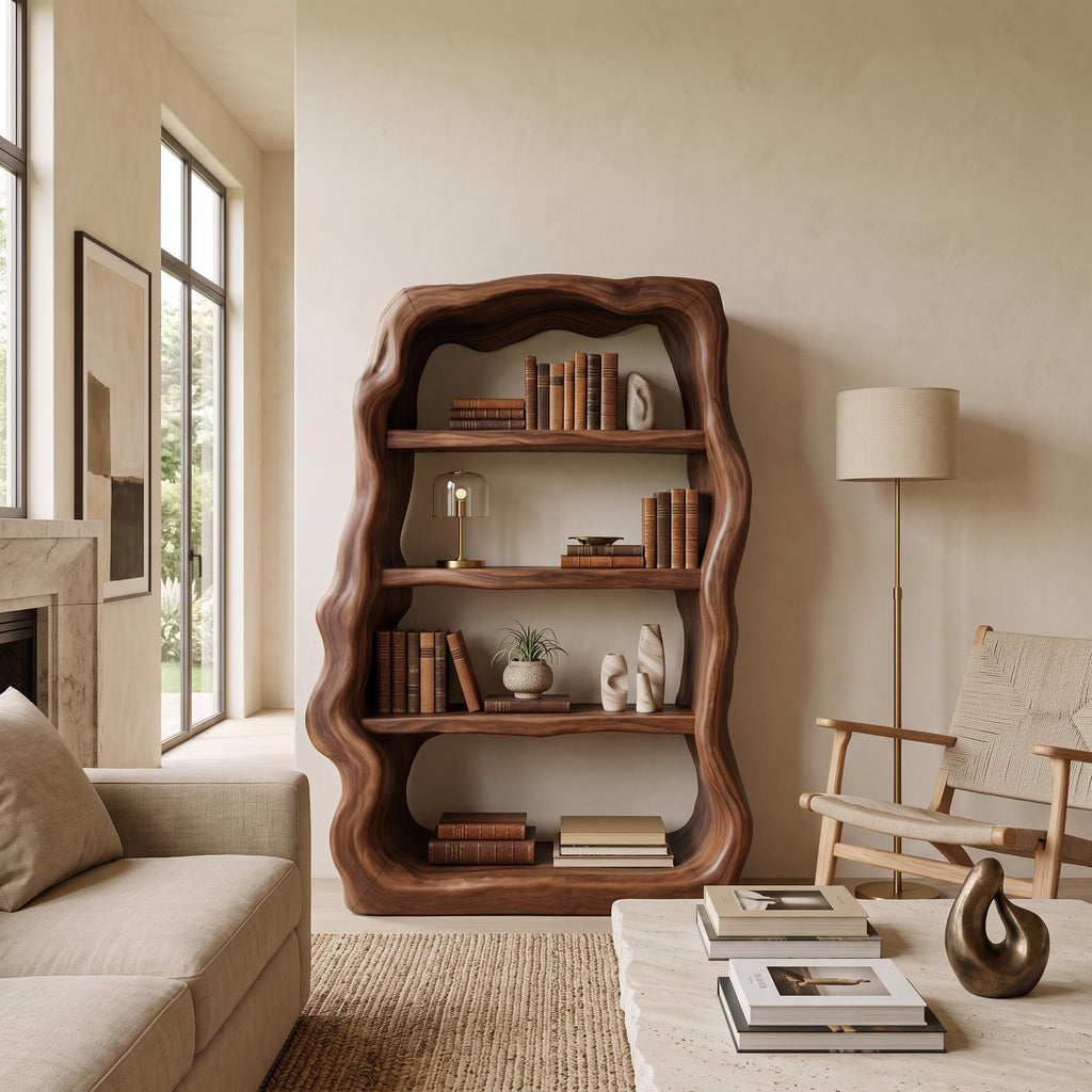 Rustic Sculptural Wooden Bookshelf, Carved Frame Solid Wood Bookcase for Living Room, Library, Office Storage