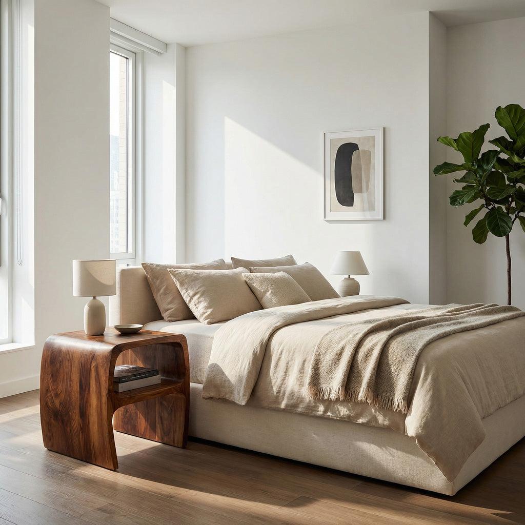 Spry Interior Modern Sculptural Wooden Nightstand with Open Storage Shelf, Unique Organic Bedside Table, Model RTTHHNNS025