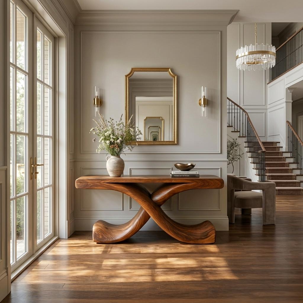 Modern Sculptural Console Table with Twisted Base, Handcrafted Wood Entryway Table for Foyer & Living Room, Model
