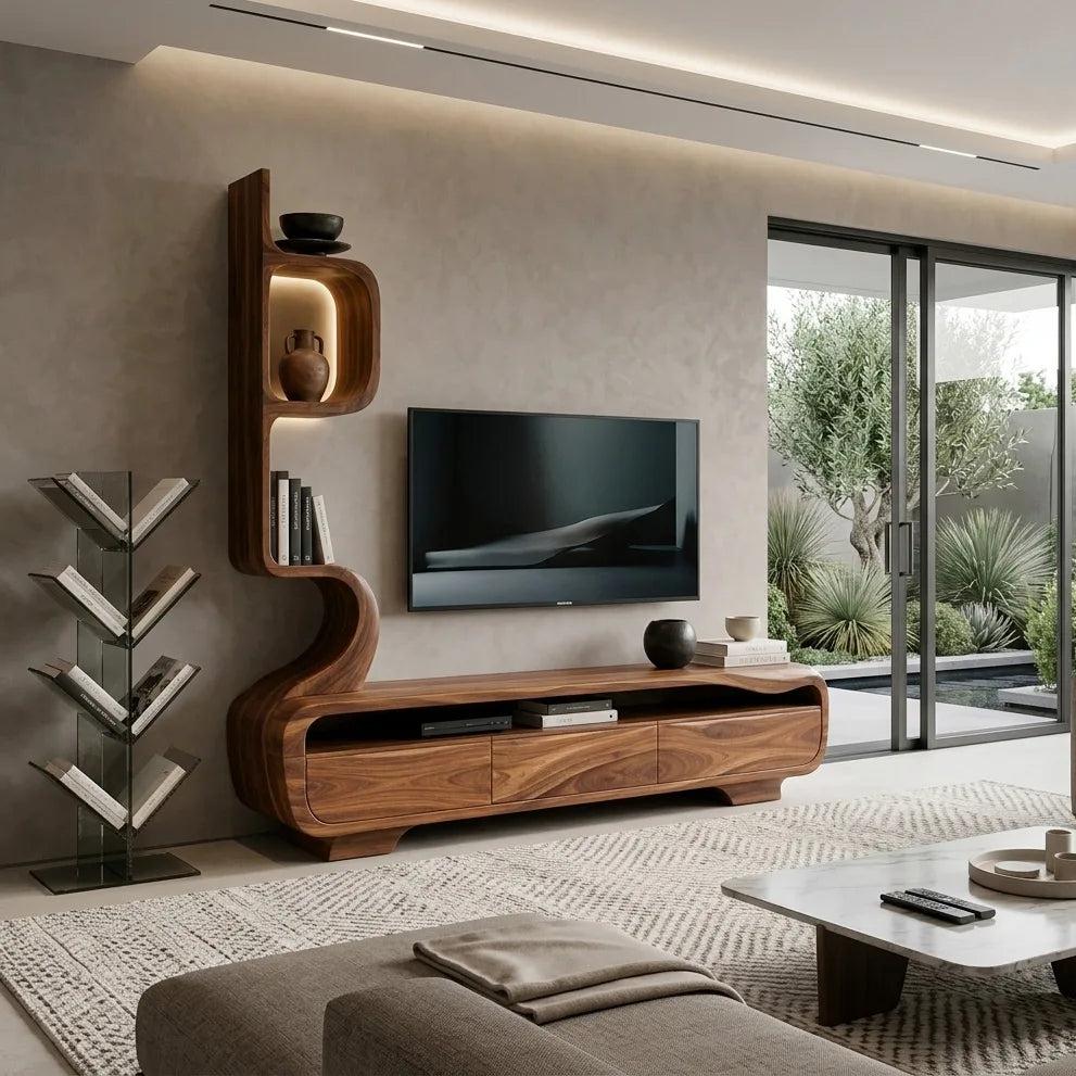 Organic Sculptural TV Console With Display Shelves For Living Room