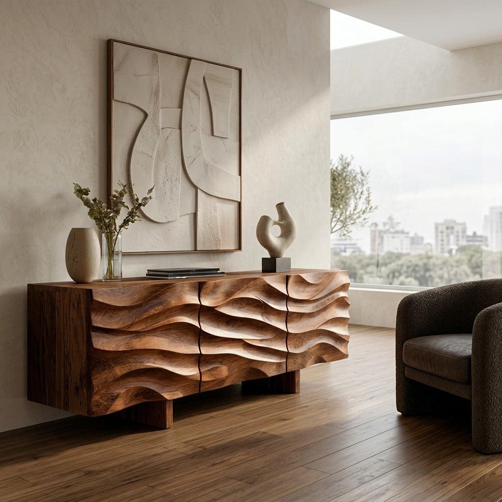 Organic Modern Wood Sideboard, Handcrafted Solid Wood Credenza & Storage Buffet Cabinet for Living Room, Model