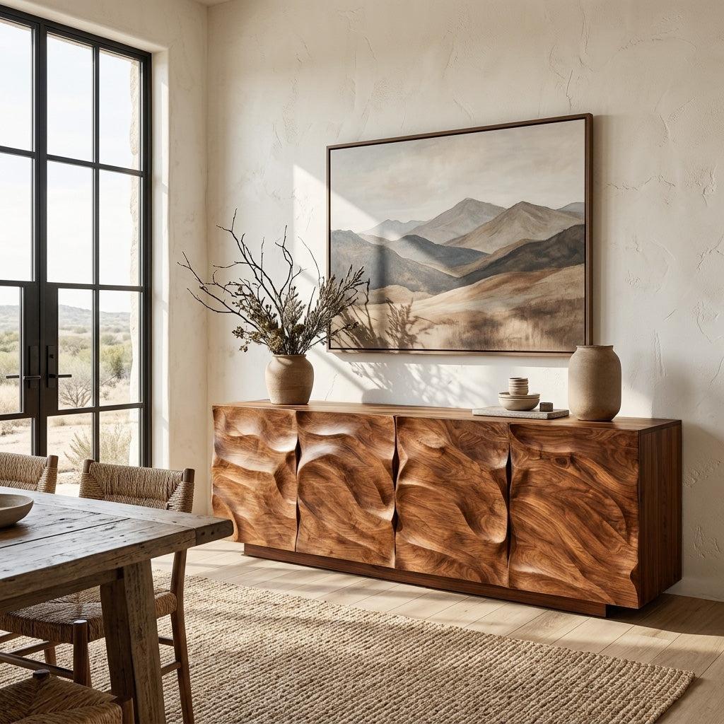 Artistic Carved Wooden Cabinet, Luxury Handcrafted Solid Wood Sideboard Credenza for Elegant Living Spaces, Model