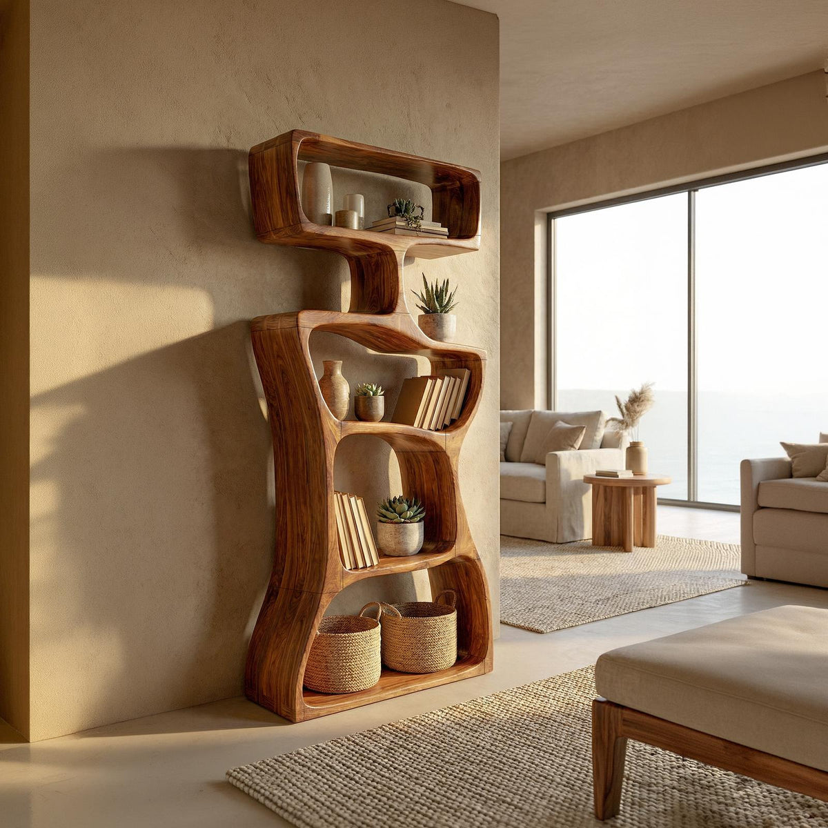 Organic Modern Asymmetrical Bookshelf, Unique Wooden Bookcase Shelf for Living Room & Reading Nook