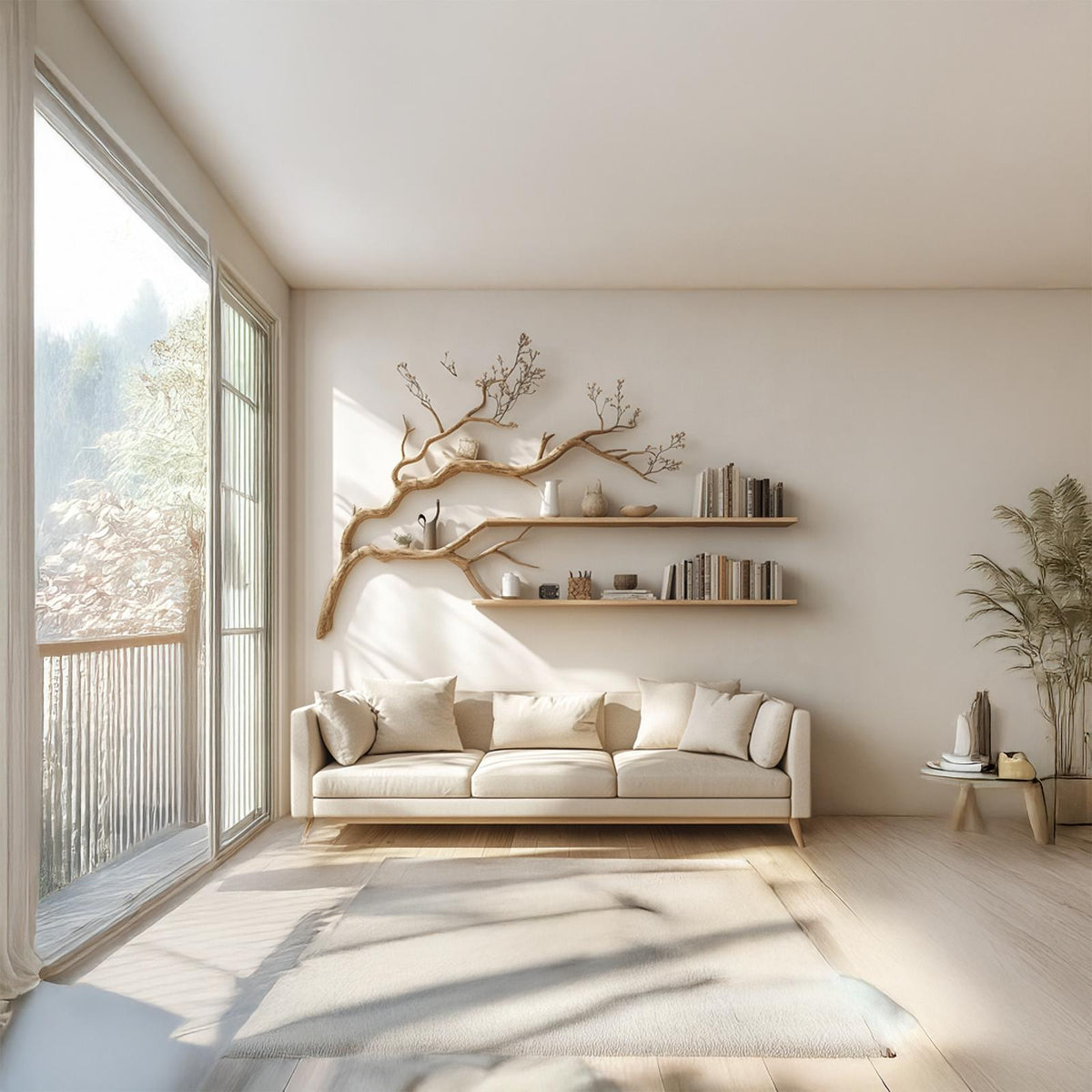 Rustic Organic Tree Display Shelf, Handcrafted Solid Wood Wall Mounted Bookshelf & Decorative Wall Art