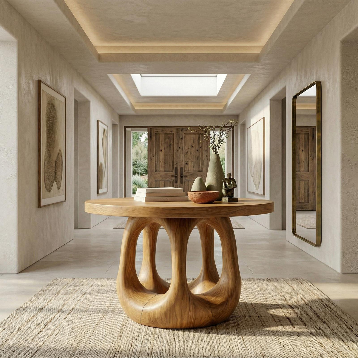 Modern Sculptural Foyer Table, Solid Wood Entryway Table, Geometric Pedestal Accent for Living Room