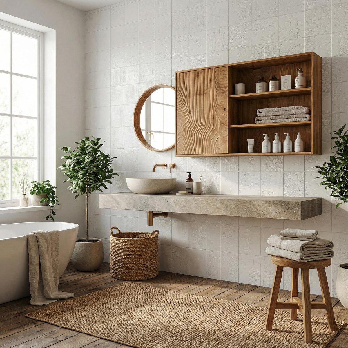 Natural Bathroom Cabinet, Solid Wood Rustic Storage Cabinet & Wall Organizer for Bathroom