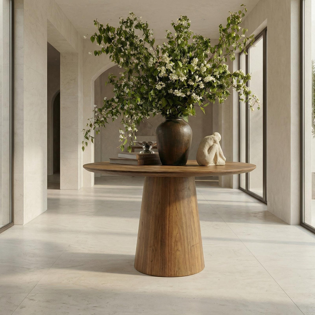 Minimalist Round Entryway Table, Solid Wood Modern Foyer & Hallway Accent Pedestal Table