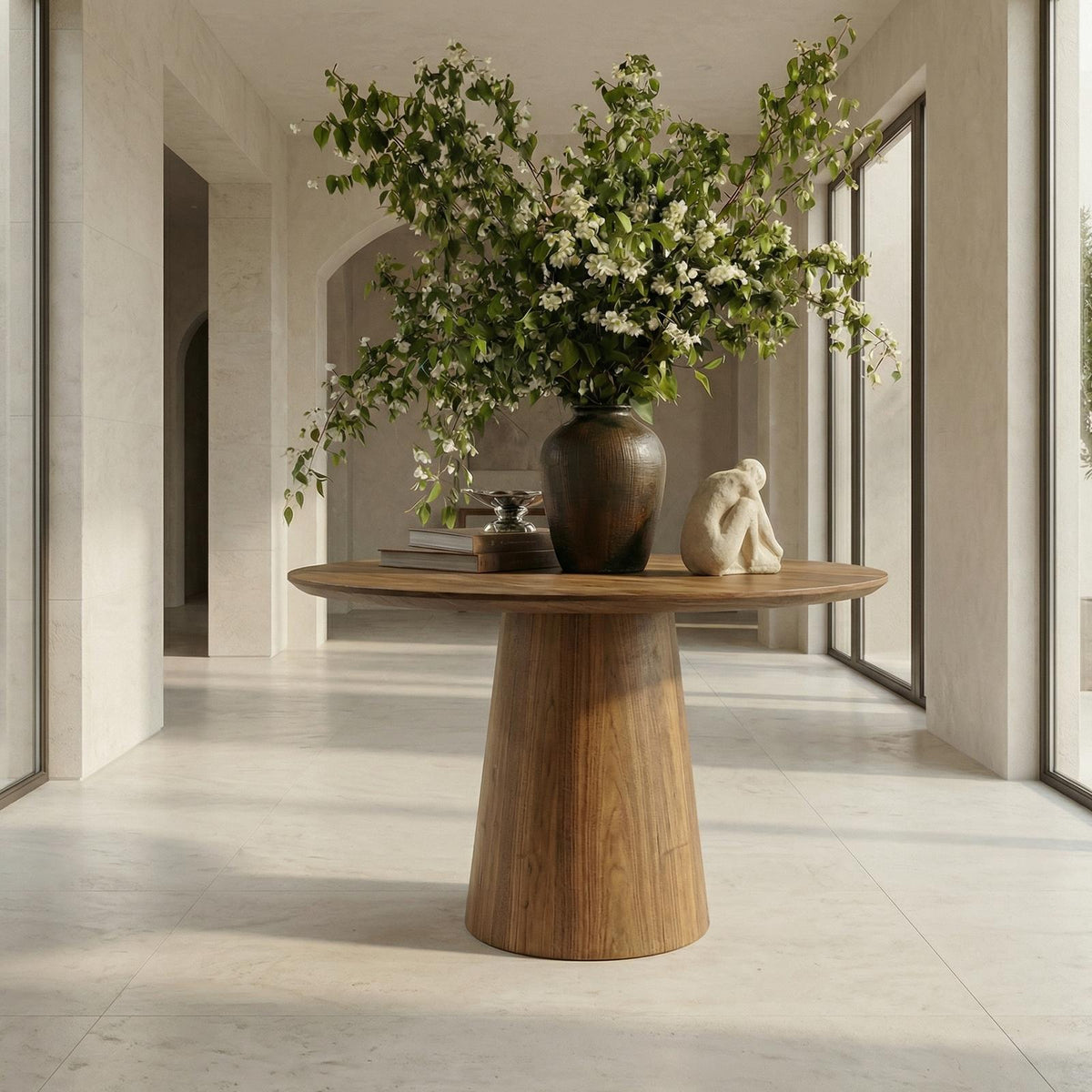 Minimalist Round Entryway Table, Solid Wood Modern Foyer & Hallway Accent Pedestal Table