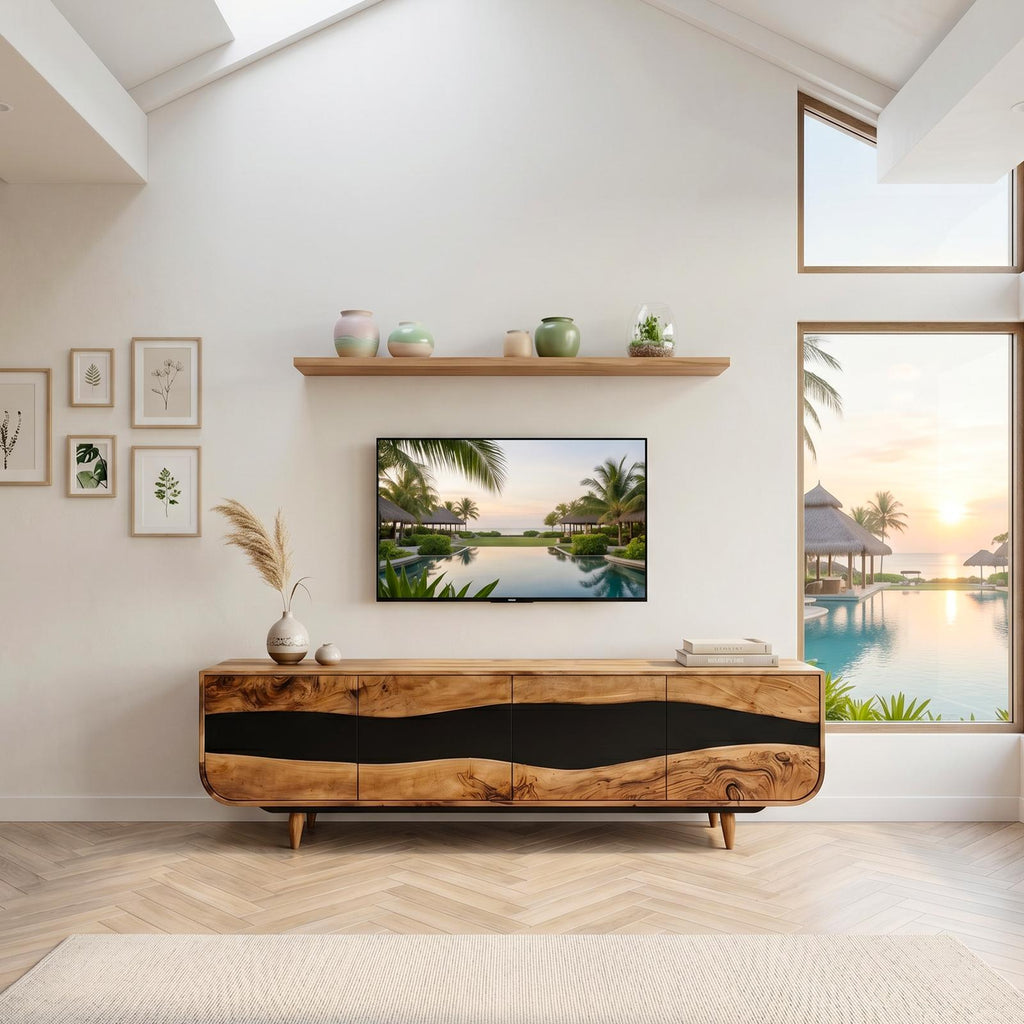 Handcrafted Wooden Live Edge TV Stand, Rustic Solid Wood Media Console & Entertainment Center