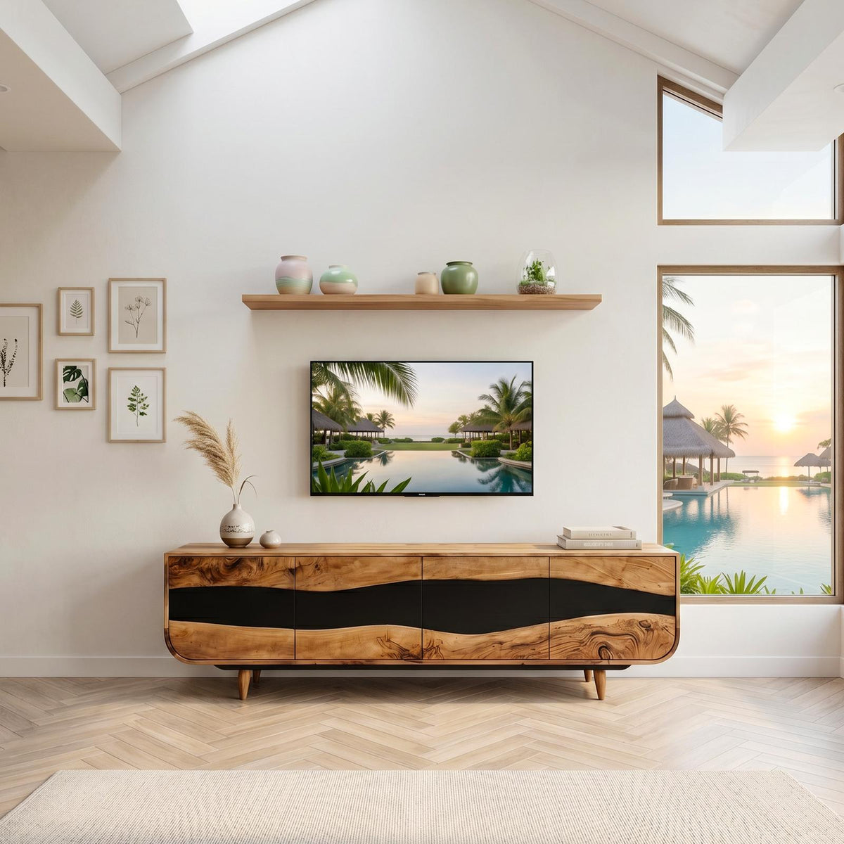 Handcrafted Wooden Live Edge TV Stand, Rustic Solid Wood Media Console & Entertainment Center