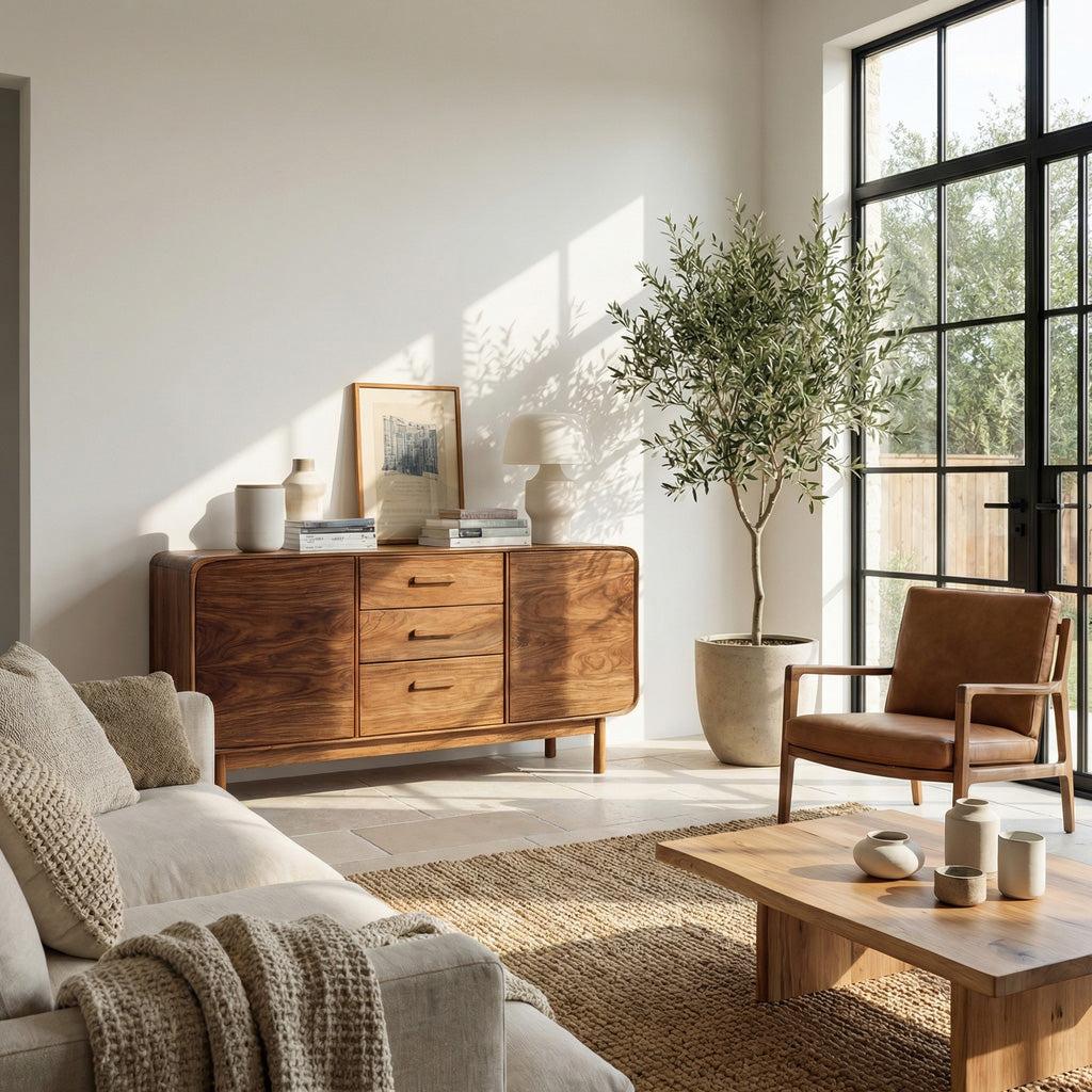 Spry Interior Modern Organic Sideboard with Center Drawers, Handcrafted Solid Wood Credenza Buffet Cabinet for Living Room, Model RTTHHNSD017
