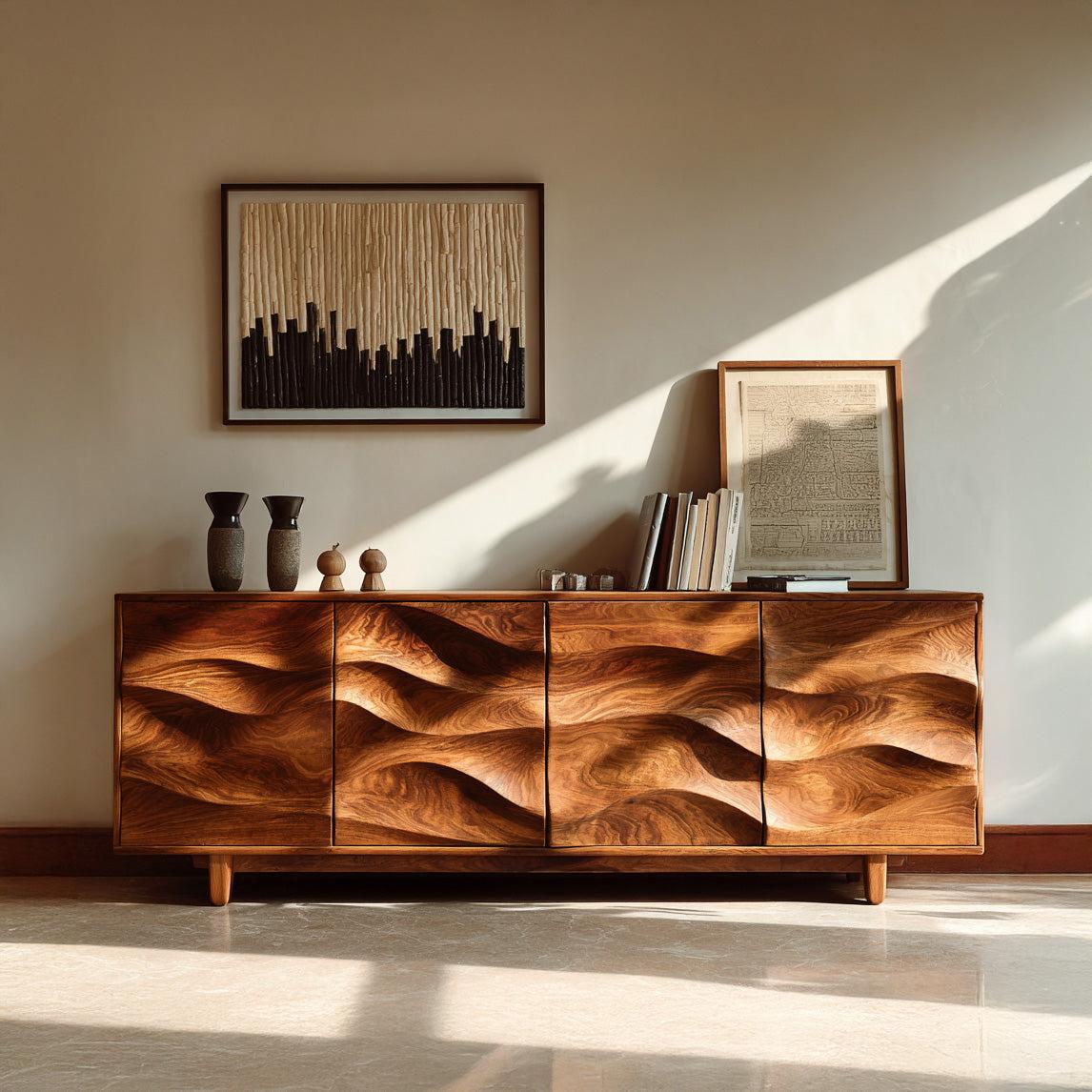 Rustic Wooden Sideboard with Undulating Doors, Handcrafted Solid Wood Credenza Storage Cabinet for Living Room, Model