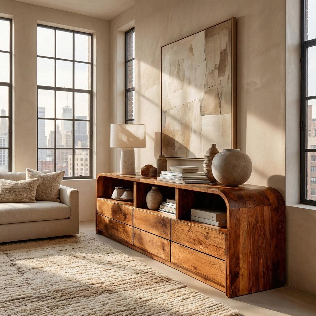 Modern Natural Wood Sideboard with Open Shelf, Handcrafted Solid Wood Credenza Cabinet for Living Room, Model