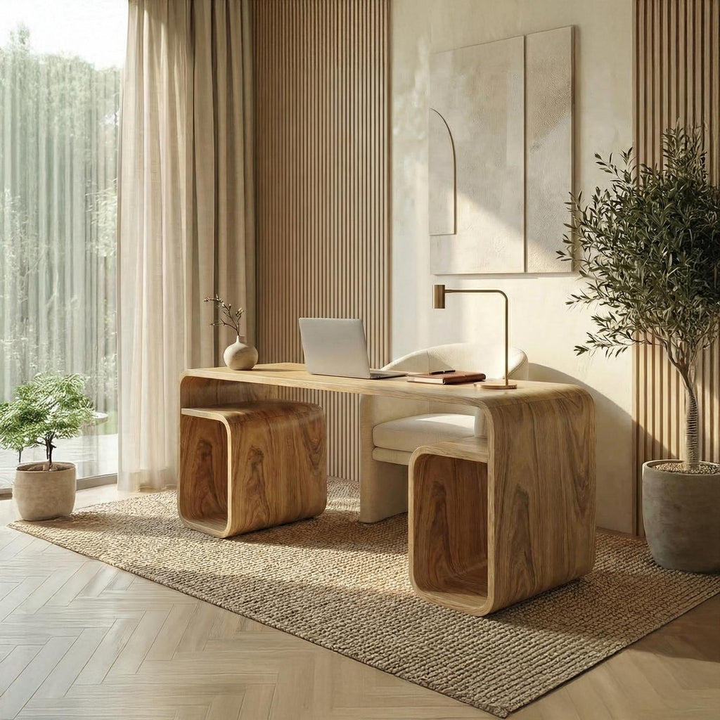 Japandi Curved Desk, Solid Wood Modern Writing Computer Desk for Bedroom & Study Room