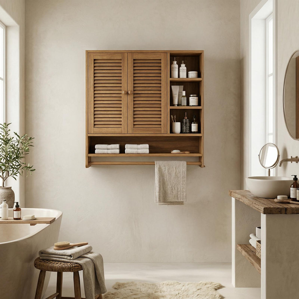 Rustic Bathroom Cabinet, Solid Wood Wall-Mounted Storage Organizer Cupboard for Bathroom