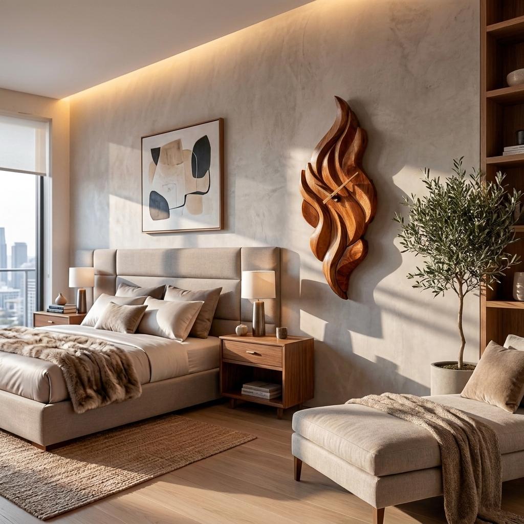 Modern Wooden Wall Clock with Sculptural Wave Carving, Handcrafted Abstract Wood Art Clock for Home Decor