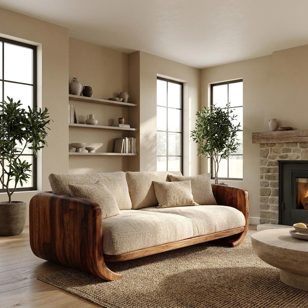 Organic Modern Curved Wood Sofa, Contemporary Lounge Settee, Artistic Designer Couch for Living Room Decor