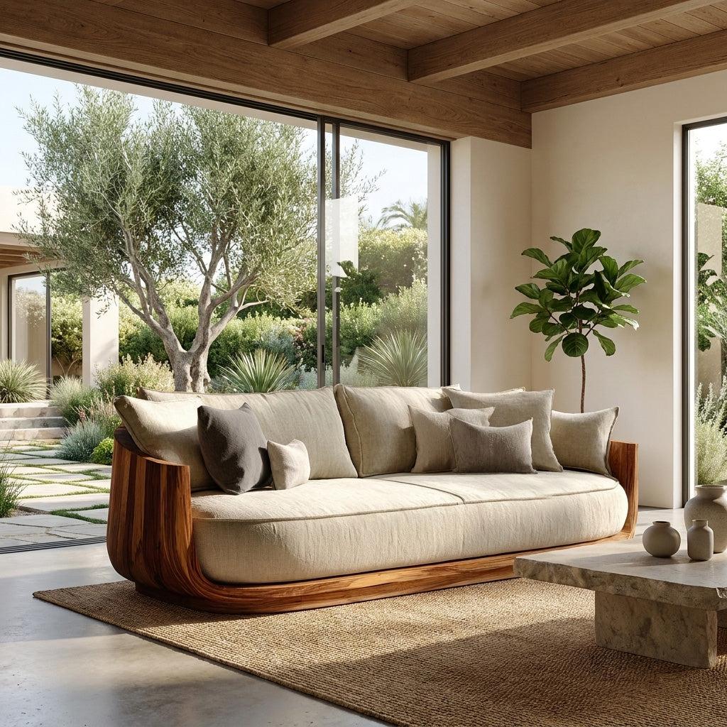 Modern Wooden Sofa with Flowing Rounded Edges, Contemporary Settee Loveseat, Living Room Designer Couch