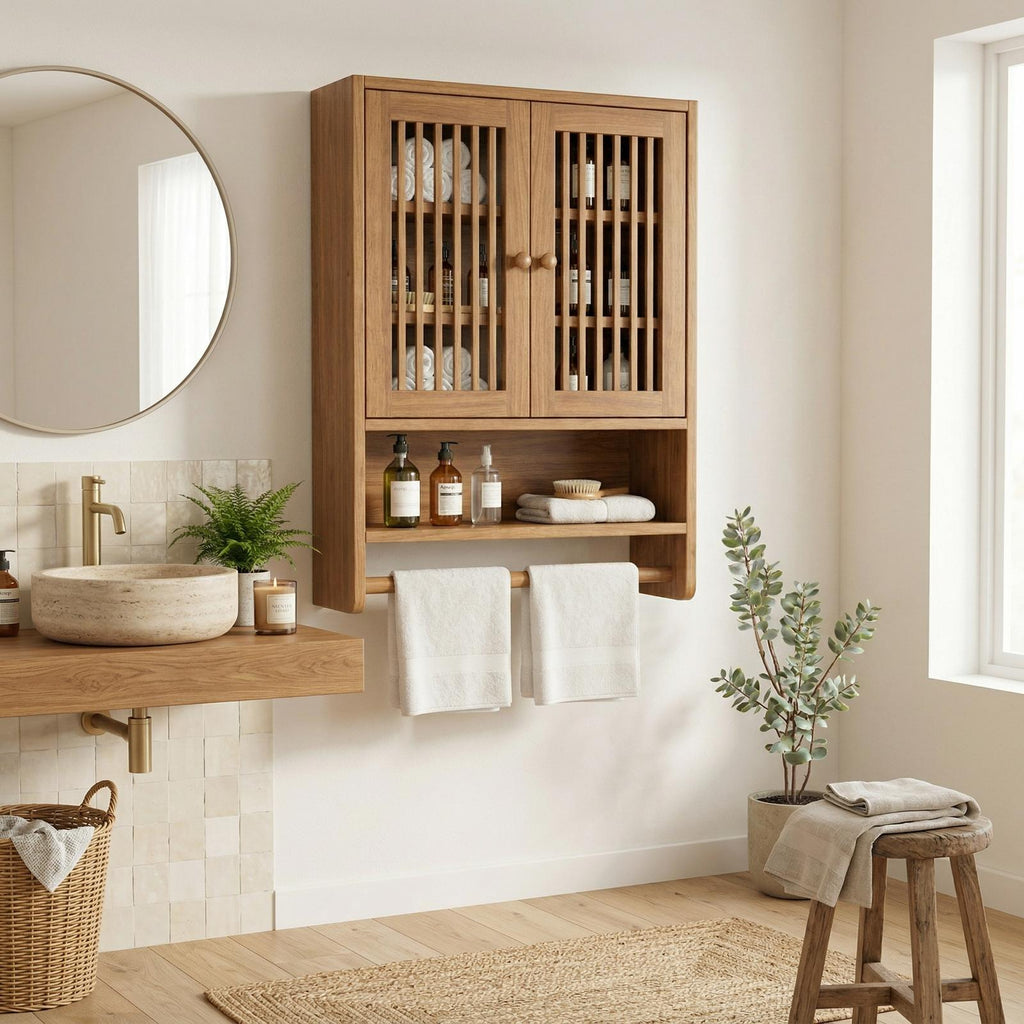 Bathroom Cabinet with Shelves, Solid Wood Wall Storage Organizer Cupboard for Bathroom Space