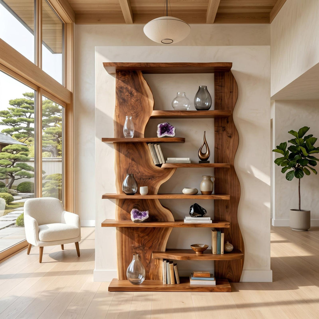 Organic Live Edge Wooden Standing Shelf, Rustic Tiered Bookcase Natural Slab Wood Display Rack for Living Room