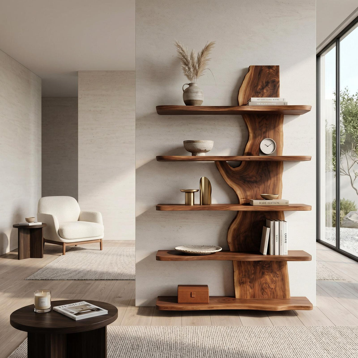Handcrafted Natural Wood Standing Shelf, Rustic Tiered Bookcase Display Organizer, Artisan Timber Storage Rack