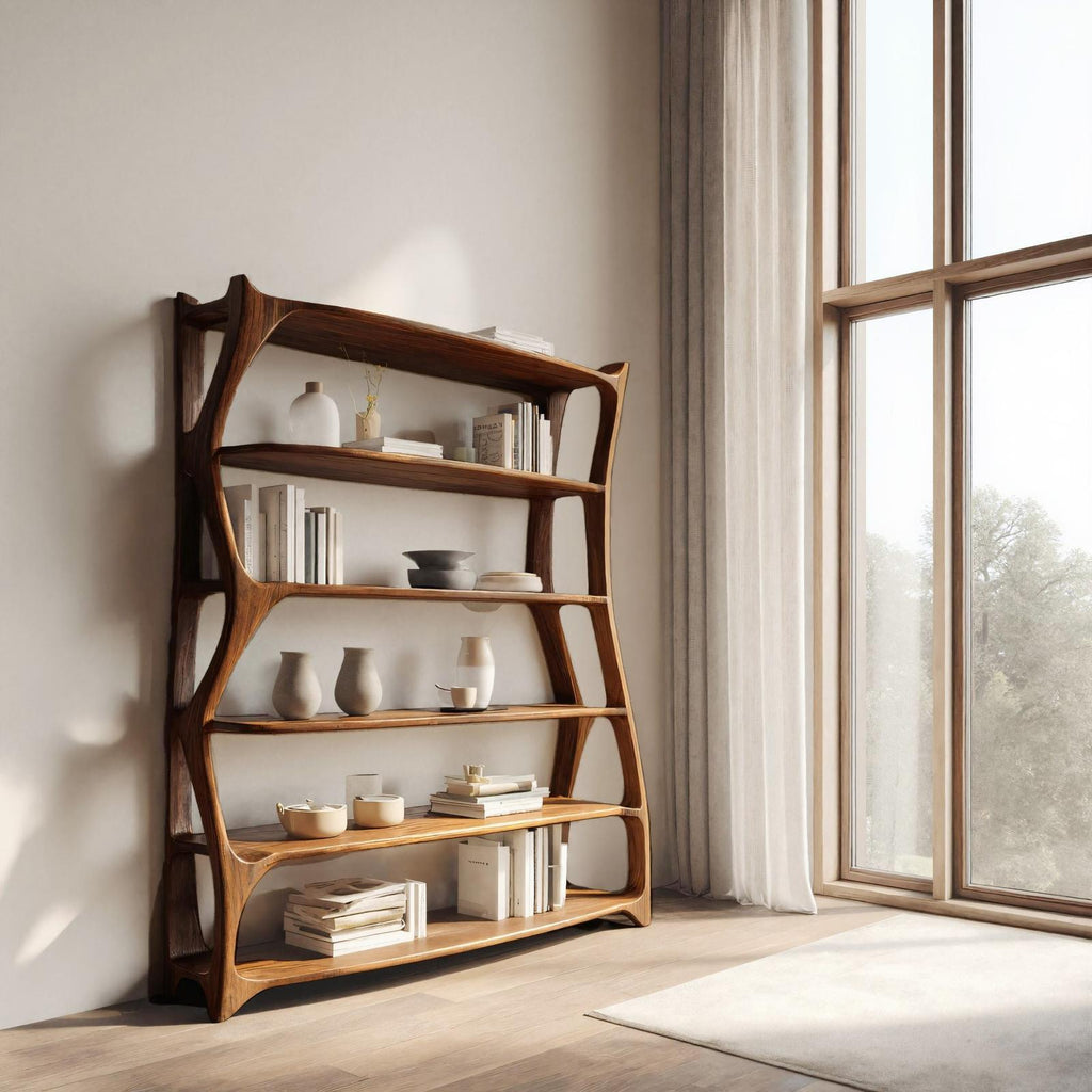 Elegant Wooden Standing Shelf with Storage Tiers, Modern Timber Bookcase Display Rack for Living Room Decor