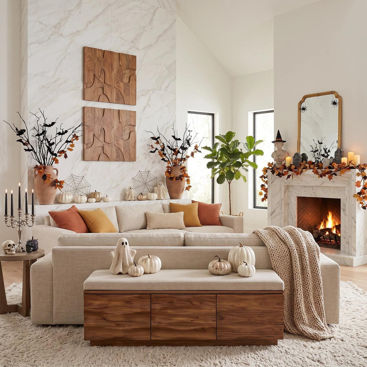 Modern Wave Storage Bench Cushion For Halloween Fall Decor