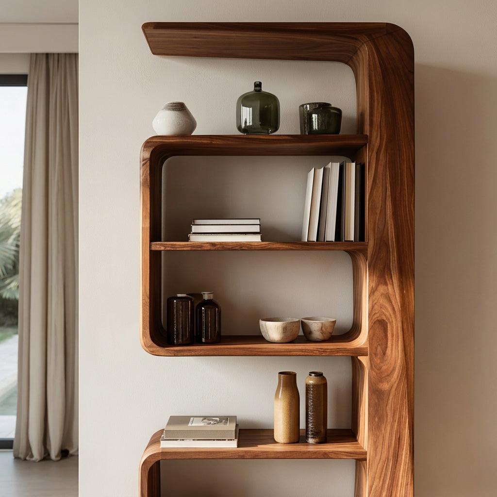 Minimalist Wooden Standing Shelf, Tiered Bookcase Storage Organizer, Sleek Modern Living Room Display Rack