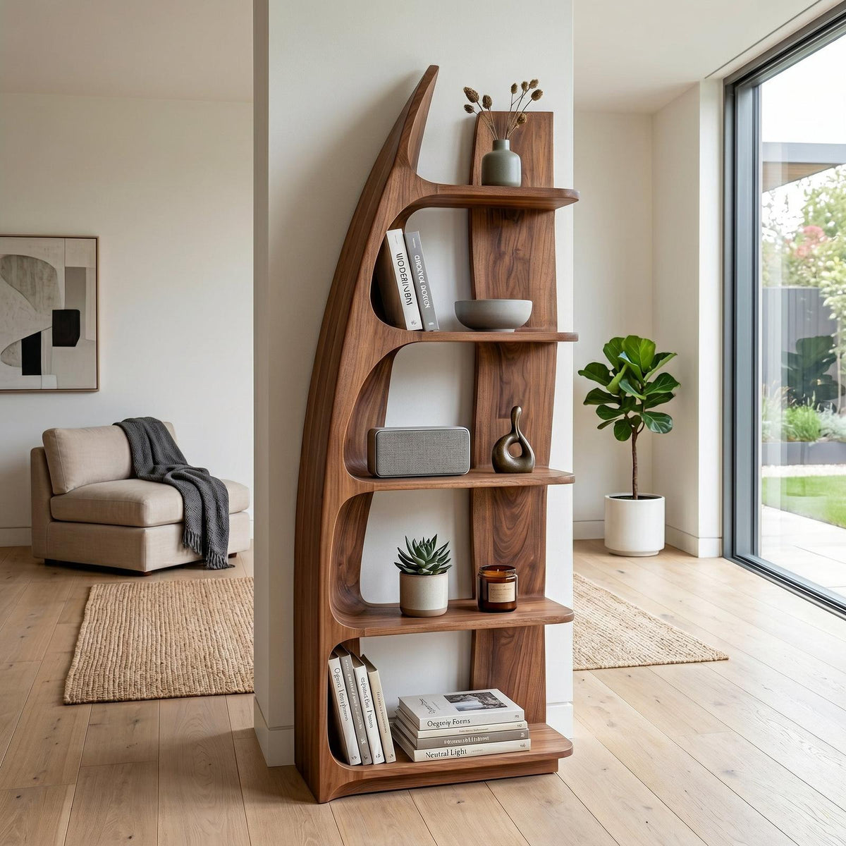 Organic Sculptural Wooden Standing Shelf, Artistic Tiered Bookcase Display Rack for Entryway Hallway Decor