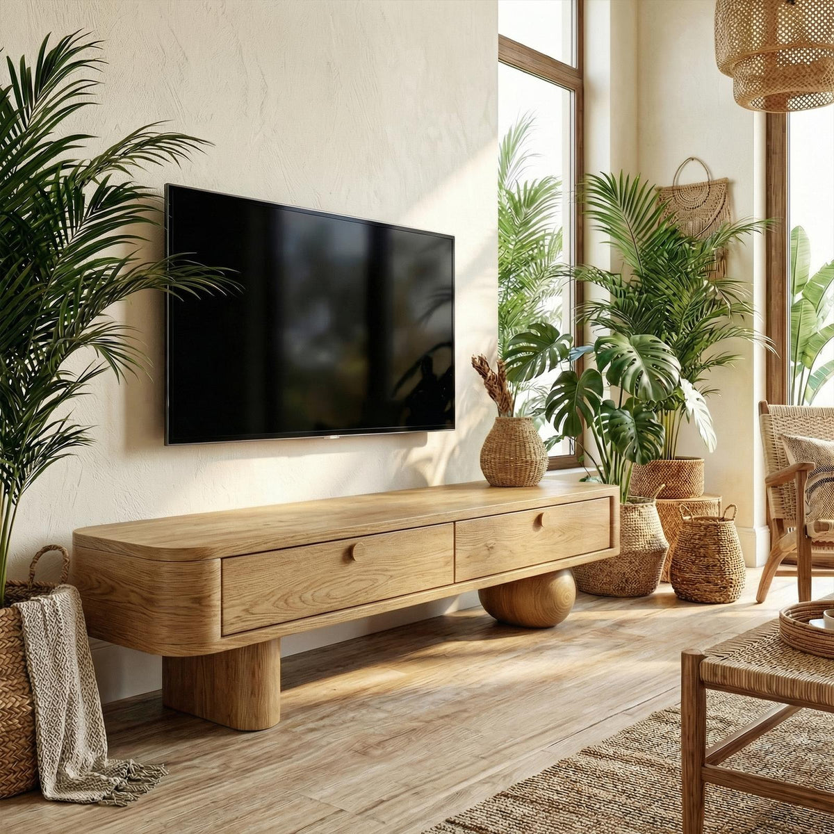 Modern TV Cabinet, Solid Wood Mid-Century Media Console Entertainment Center for Living Room