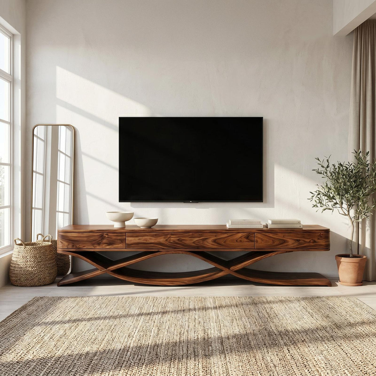 Modern TV Console With Interlocking Sculptural Base For Living Room