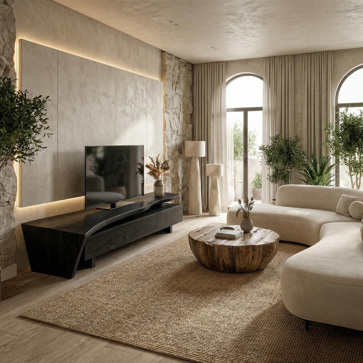 Sculptural Rustic TV Cabinet Solid Wood Living Room