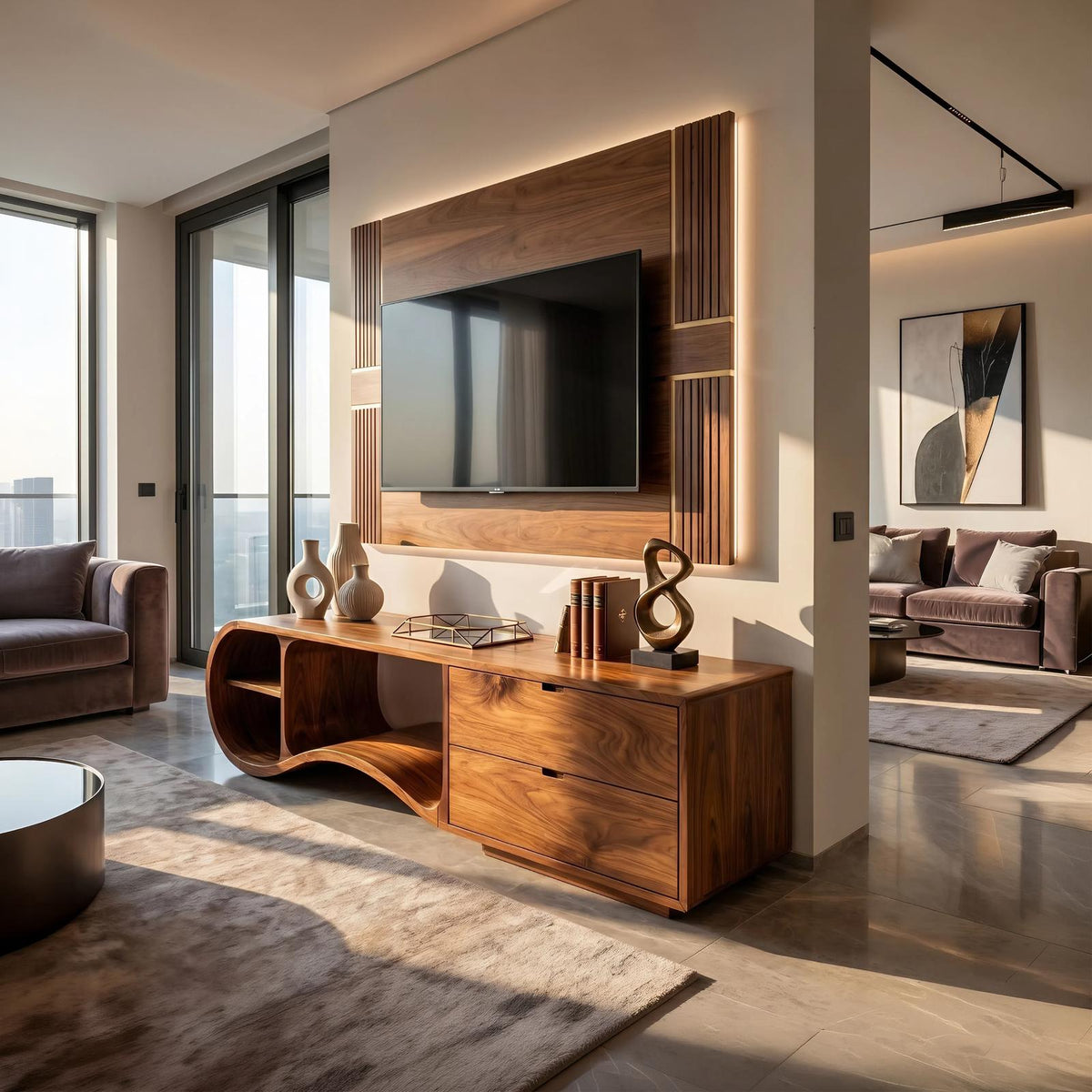 Contemporary Organic TV Cabinet, Handcrafted Wavy Edge Solid Wood Media Sideboard Console & Entertainment Board Stand