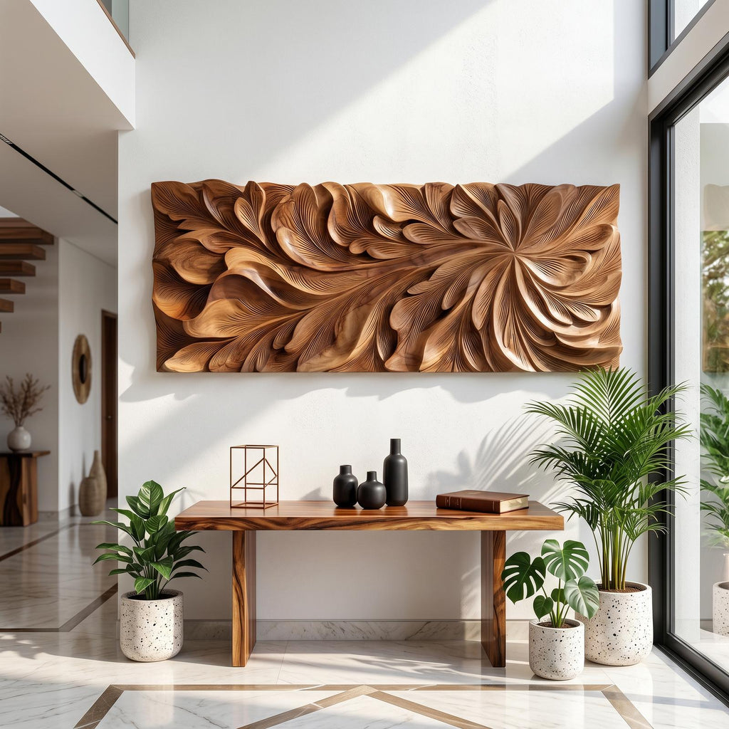 Luxury Wooden Wall Art with Floral Carving, Elegant Carved Wood Wall Panel for Living Room