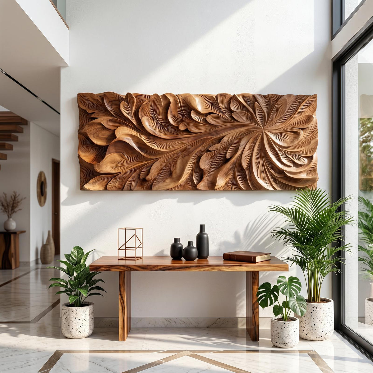 Luxury Wooden Wall Art with Floral Carving, Elegant Carved Wood Wall Panel for Living Room