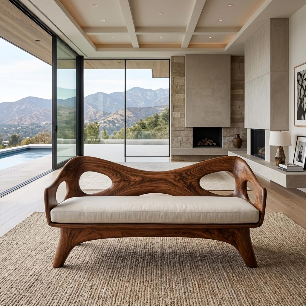 Organic Wooden Sofa with Unique Backrest, Sculptural Solid Wood Loveseat Couch for Living Room & Lounge, Model