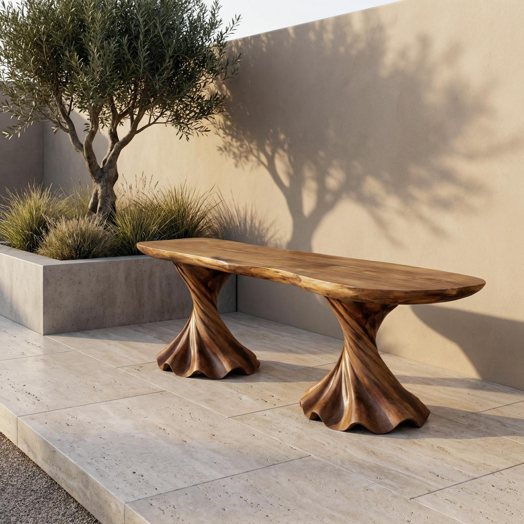 Spry Interior Rustic Bench, Solid Wood Twisted Spiral Pedestal Base Seating, Modern Entryway & Hallway Accent Bench, SINLHARS094