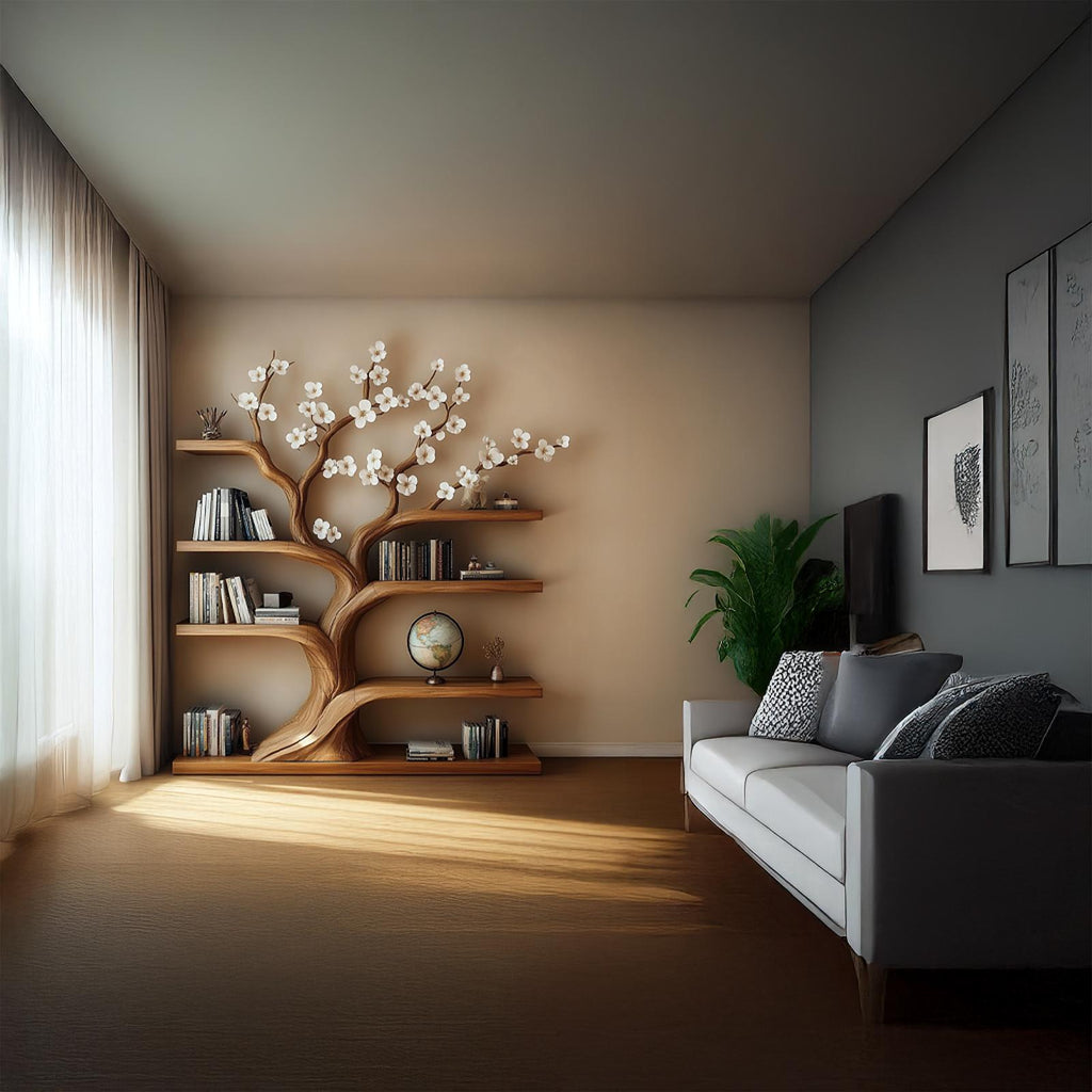Rustic Tree Bookshelf Living Room Artistic Display