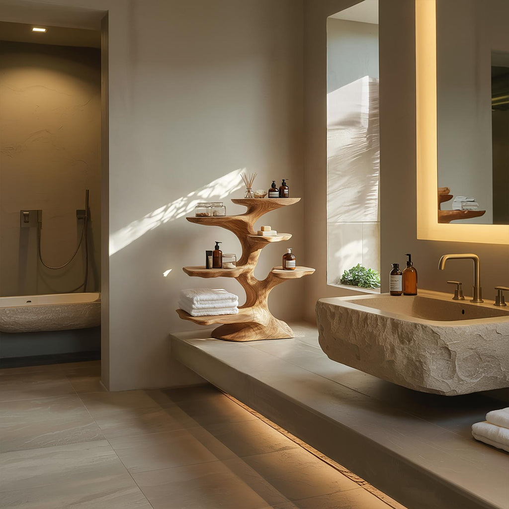 Organic Sculptural Tree Shelf For Bathroom Storage And Spa Style Interior