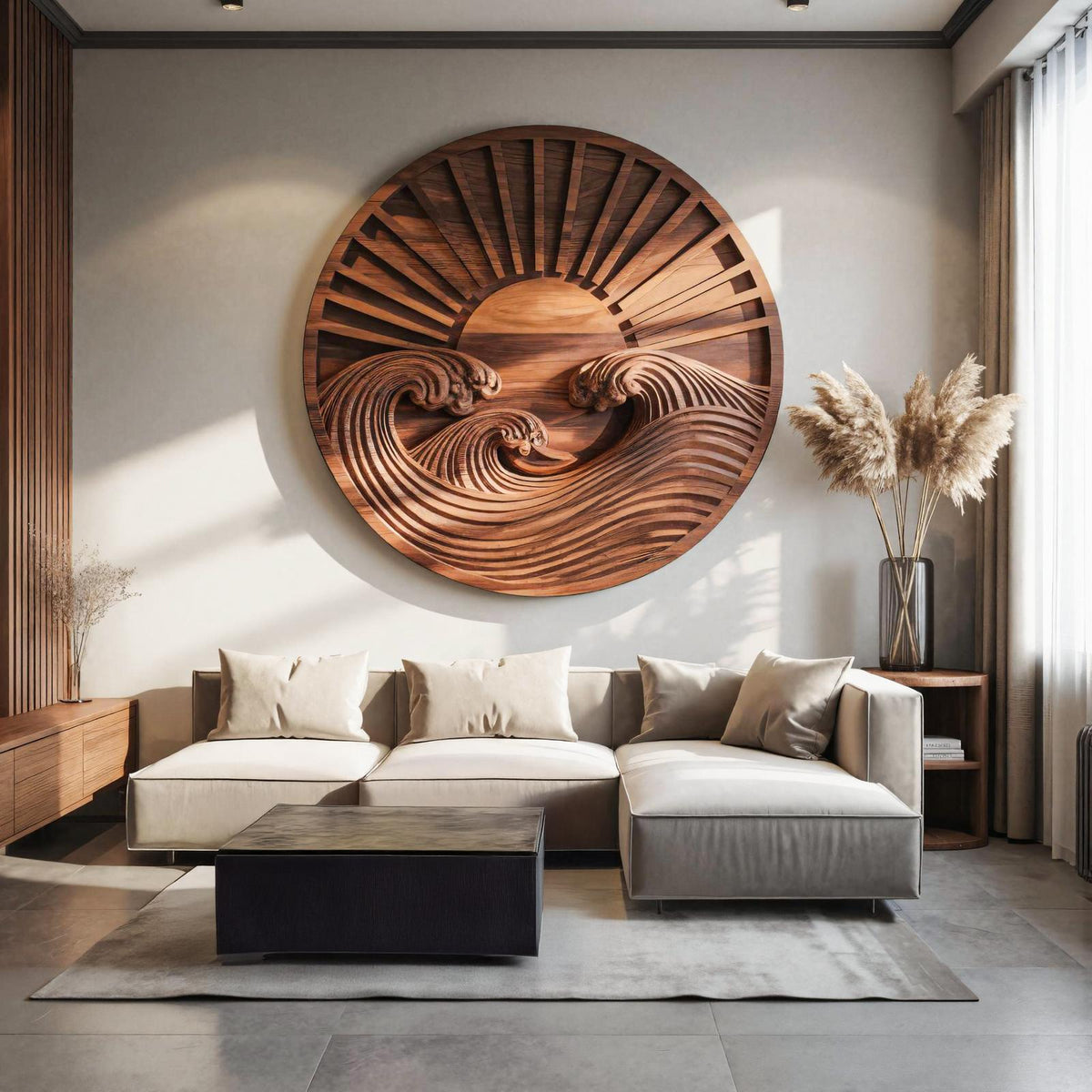 Round Wooden Wall Art with Carved Sun and Waves, Handcrafted Solid Wood Circular Relief Sculpture for Bedroom Decor