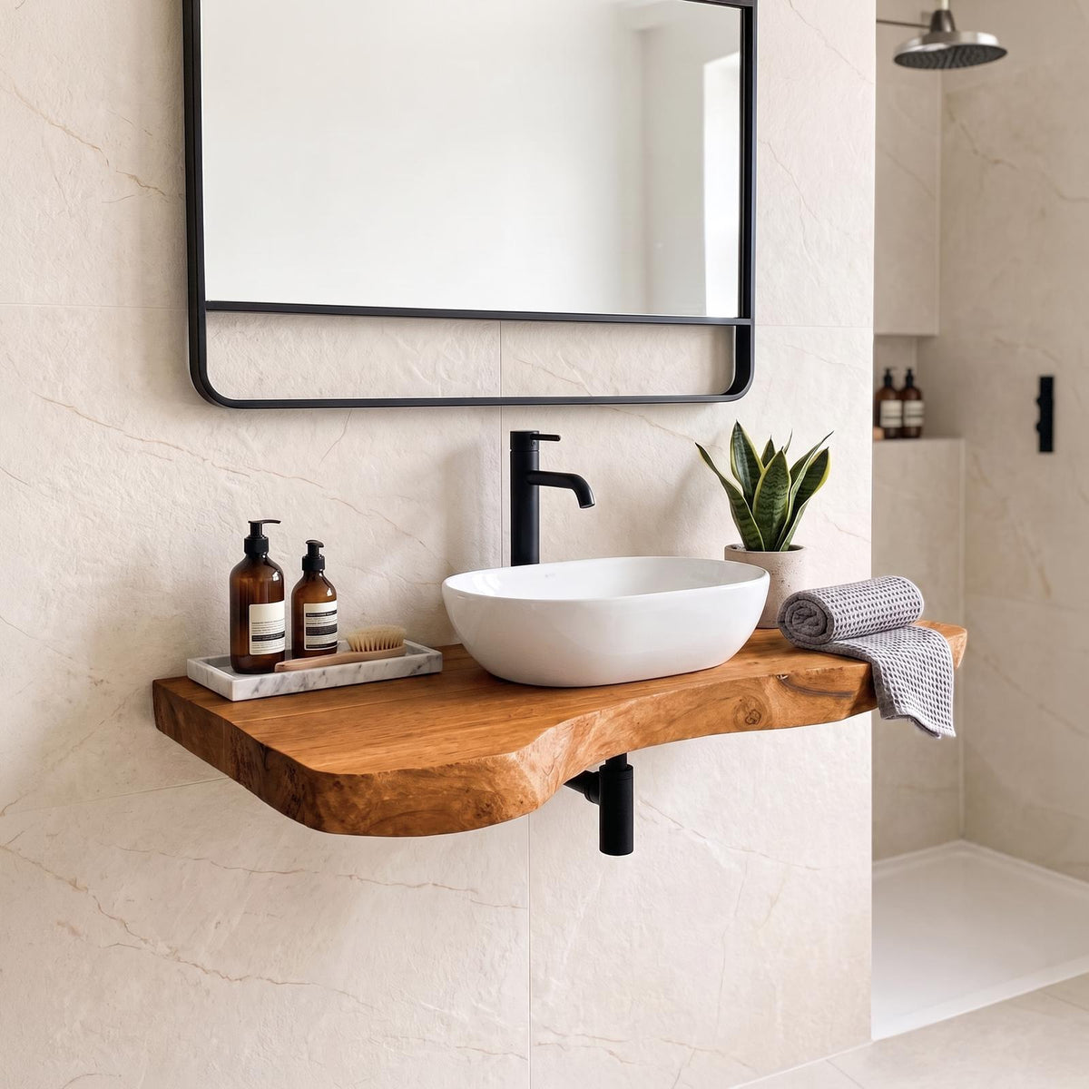 Spry Interior Rustic Live Edge Wood Bathroom Vanity, Floating Single Basin Sink Cabinet, Wall-Mounted Wood Under Sink Storage Unit