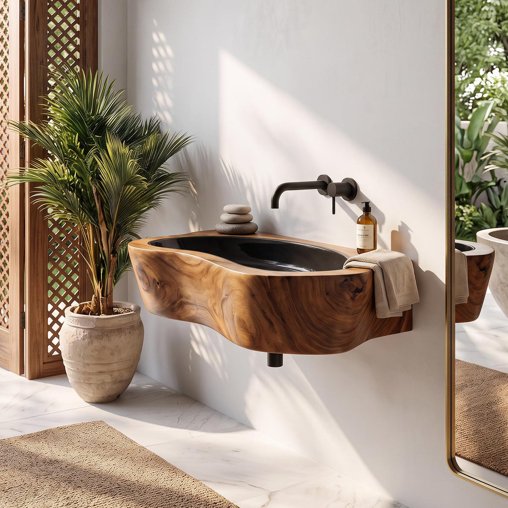 Handcrafted Live Edge Wooden Vessel Sink, Rustic Solid Wood Wash Basin for Natural Bathroom Vanity